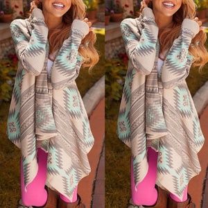 Blue and Pink Aztec Bohemian Waterfall Cardigan